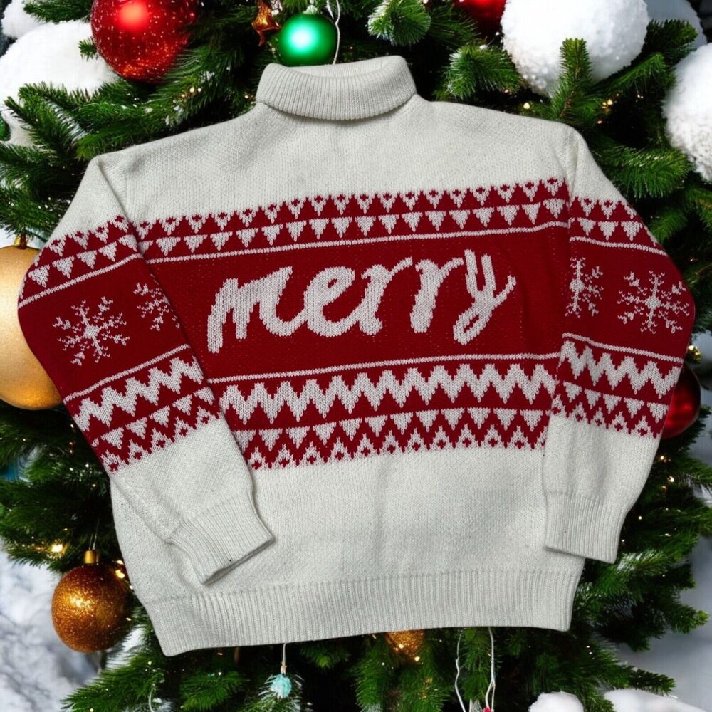 Xmas Knit Turtleneck 100% Wool Vintage Sweater Size Med "Merry" Nordic Snowflake